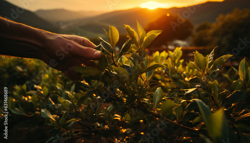 Artistic recreation of hand picking tea leaves in a plantation of tea plants at sunset. Illustration AI photo