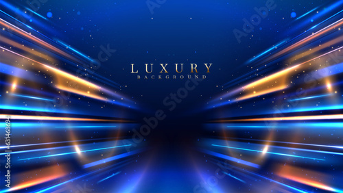Blue luxury background with golden line decoration and curve light effect with bokeh elements. Modern art elegant dark scene.