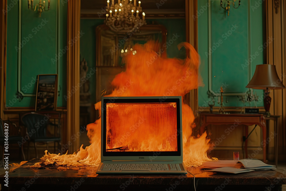 Laptop screen melting in flames, on fire in an old decorative room
