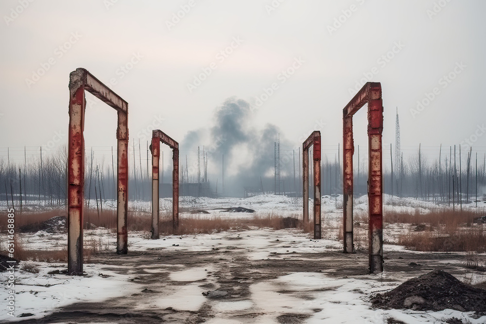 Football goals made from metal in a bleak barren abandoned wasteland Football goals made from metal in a bleak barren abandoned wasteland