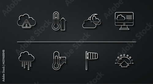 Set line Storm warning, Cloud with rain, Weather forecast, Cone windsock wind vane, Meteorology thermometer, Sunrise and moon icon. Vector