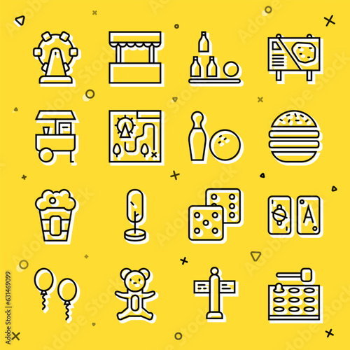 Set line Arcade game machine, Tarot cards, Burger, Bottles ball, Amusement park map, Fast street food cart, Ferris wheel and Bowling pin and icon. Vector
