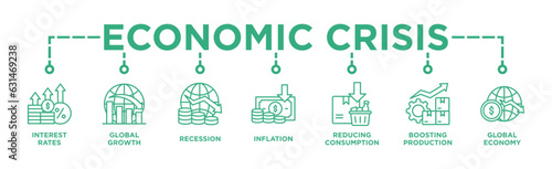 Economic crisis banner web icon vector illustration concept with icon of Interest Rates, Global Growth, Recession, Inflation, Reducing Consumption, Boosting Production, Global Economy	