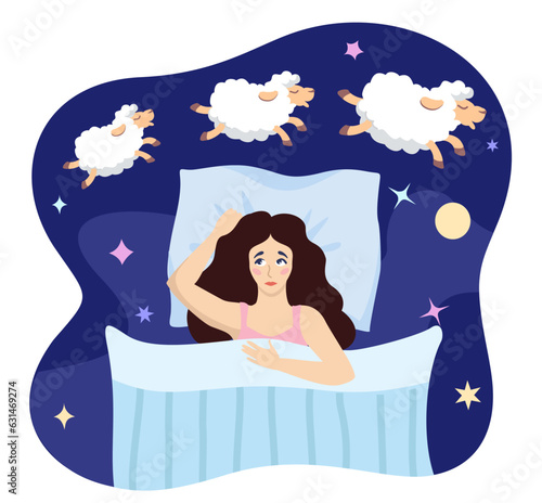 Young woman lying in bed counting sheep cant sleep at night. Exhausted girl can t sleep, lies in bed and counts sheep. Sleep deprivation, anxiety, fatigue. Sleep disorder concept