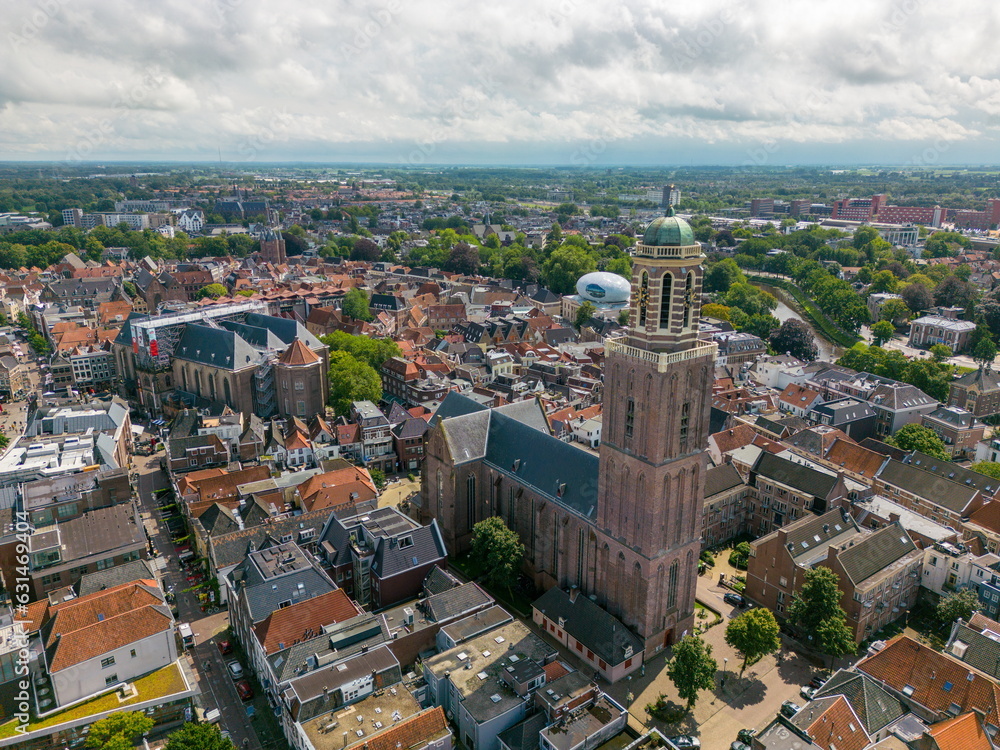 Aerial drone video of the church in Zwolle and the skyline of the old city centre.