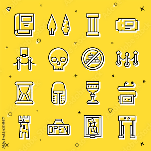 Set line Metal detector, Museum audio guide, Rope barrier, Ancient column, Human skull, Picture and rope, History book and No Smoking icon. Vector