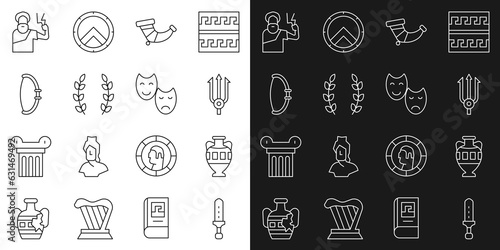Set line Medieval sword, Ancient amphorae, Neptune Trident, Hunting horn, Laurel wreath, bow, Zeus and Comedy and tragedy masks icon. Vector
