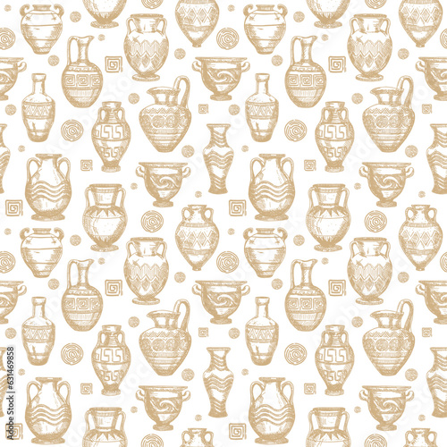 Canvas Print Seamless pattern with antique vases sketch