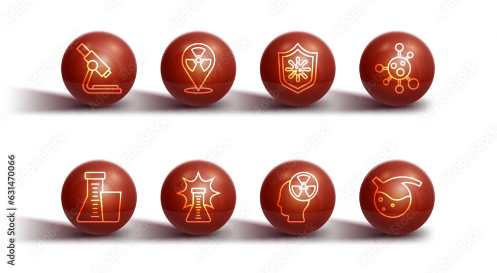 Set line Microscope, Test tube and flask, Molecule, Head radiation symbol, Chemical explosion, Radioactive in location, and Shield protecting from virus icon. Vector Set line Microscope, Test tube and flask, Molecule, Head radiation symbol, Chemical explosion, Radioactive in location, and Shield protecting from virus icon. Vector
