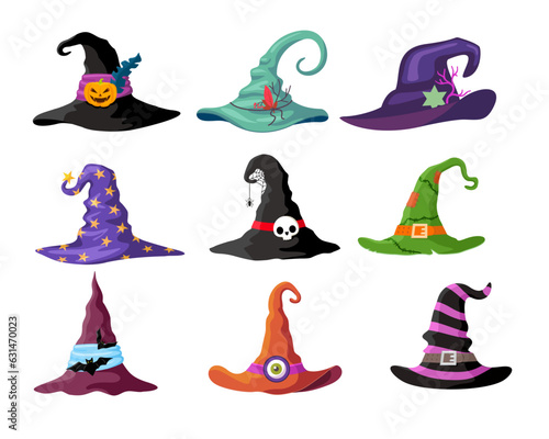 Cartoon witch hats, Halloween party costume elements. Wizard striped hats. Witch hats vector icons, cartoon wizard headwear, traditional magician caps. Halloween witchcraft party collection. Vector