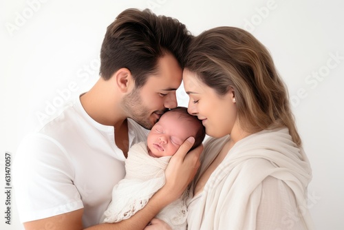 Both the mother and father lovingly cradle their newborn baby