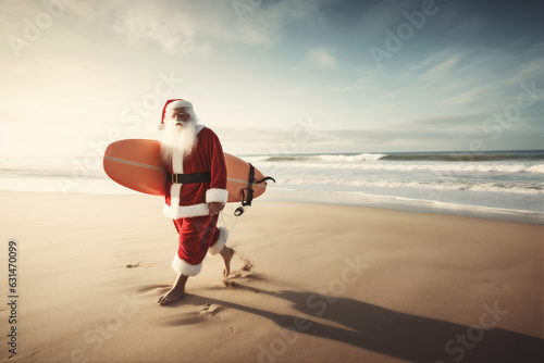 beach sea summer santa vacation water surfing claus holiday christmas. Generative AI.