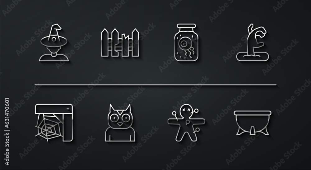 Set line Witch, Spider web, Zombie hand, Voodoo doll, Owl bird, Garden fence wooden, Halloween witch cauldron and Eye in jar icon. Vector Set line Witch, Spider web, Zombie hand, Voodoo doll, Owl bird, Garden fence wooden, Halloween witch cauldron and Eye in jar icon. Vector
