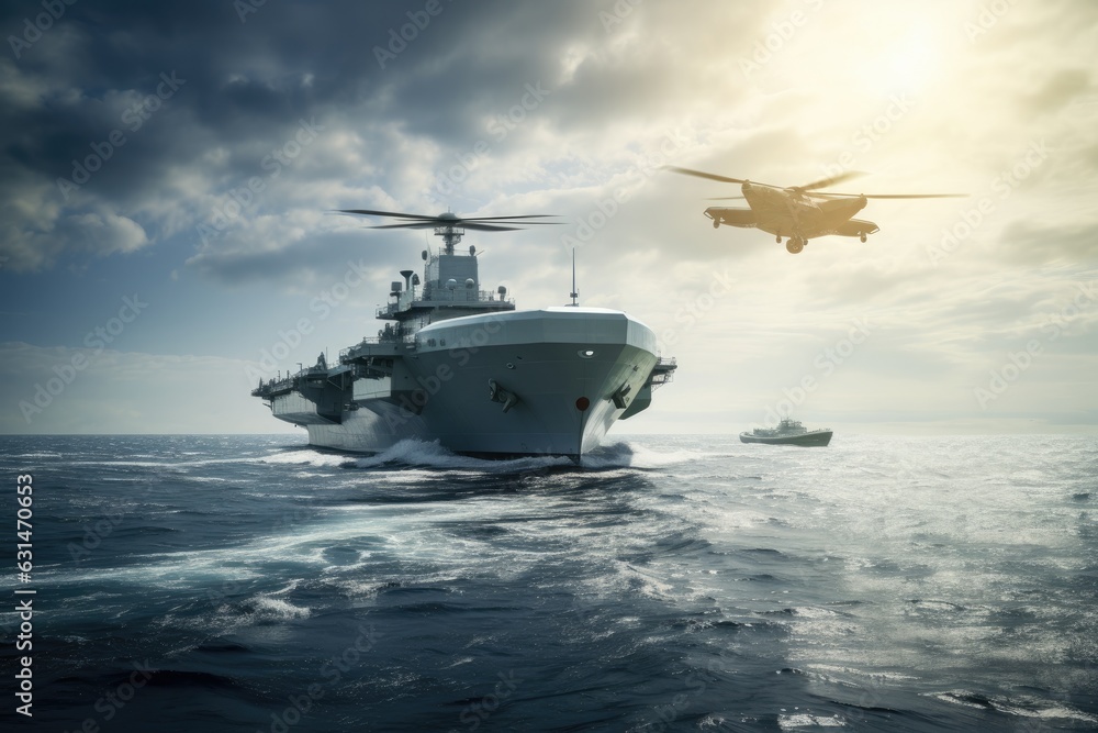 Water drone near a large military ship Water drone near a large military ship