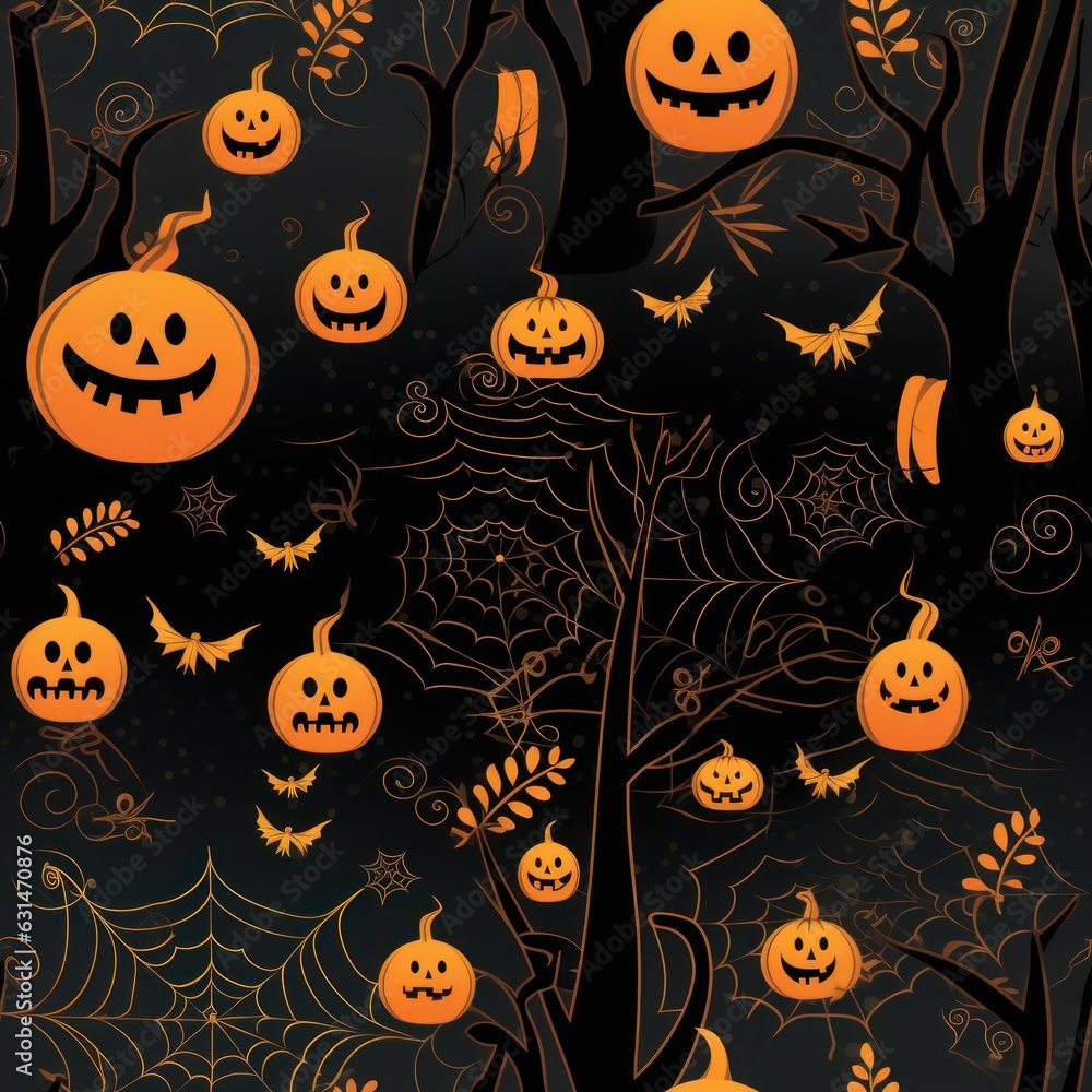 Cute Cartoon Halloween Seamless Tiling Pattern Design. Colorful Backdrop Texture. Generative AI Illustration. Cute Cartoon Halloween Seamless Tiling Pattern Design. Colorful Backdrop Texture. Generative AI Illustration.