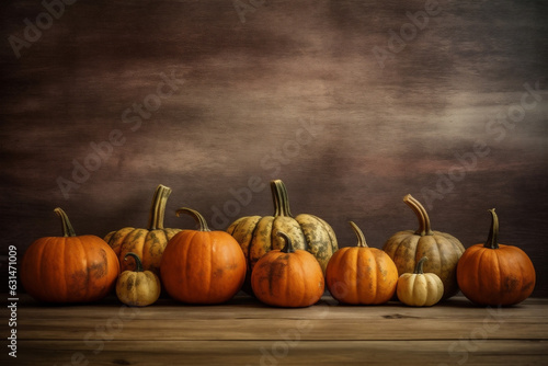 background wooden table pumpkin wood orange halloween season fall autumn leaf. Generative AI.