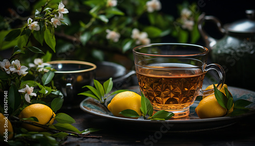 Artistic recreation of crystal cup tea with tea and lemons and azahar flowers. Illustration AI photo