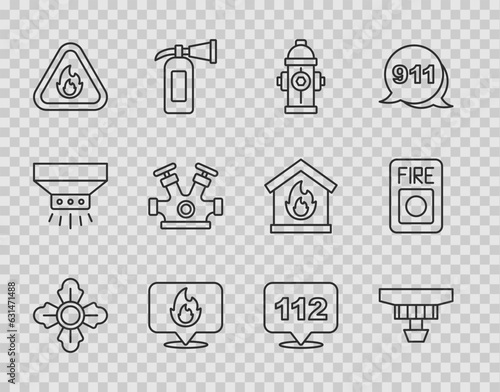 Set line Firefighter, Smoke alarm system, hydrant, Location with fire flame, in triangle, Emergency call and icon. Vector