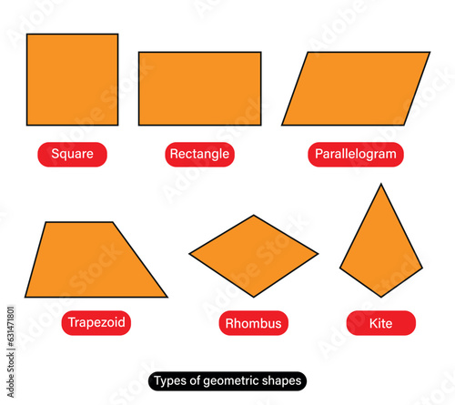 Types of geometric shapes quadrilateral shapes names vector illustration.