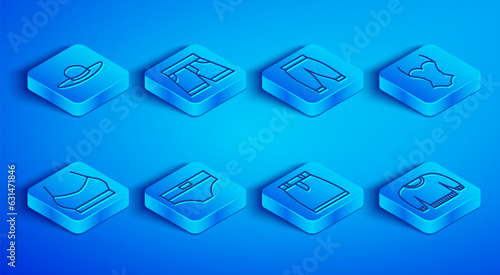 Set line Elegant women hat, Short or pants, Pants, Men underpants, Skirt, Swimsuit, Female crop top and Sweater icon. Vector