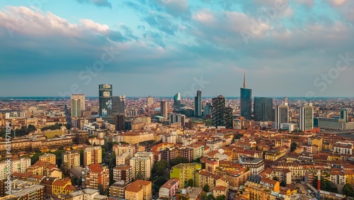 Aerial view of the skyline of a modern cityscape of business skyscrapers. Palazzo Lombardy Region  unicredit tower and UnipolSai  vertical forest. Biblioteca degli Alberi Drone. Milan Italy.