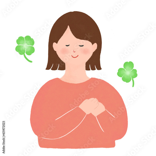 胸に手を当ててホッとする女性のイラスト