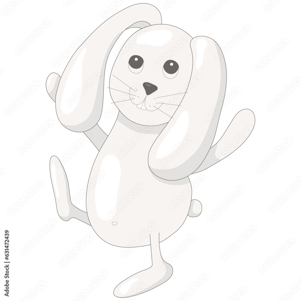 Obraz premium Cute and cheerful hare on a white background. Vector illustration. Beautiful gray animal.