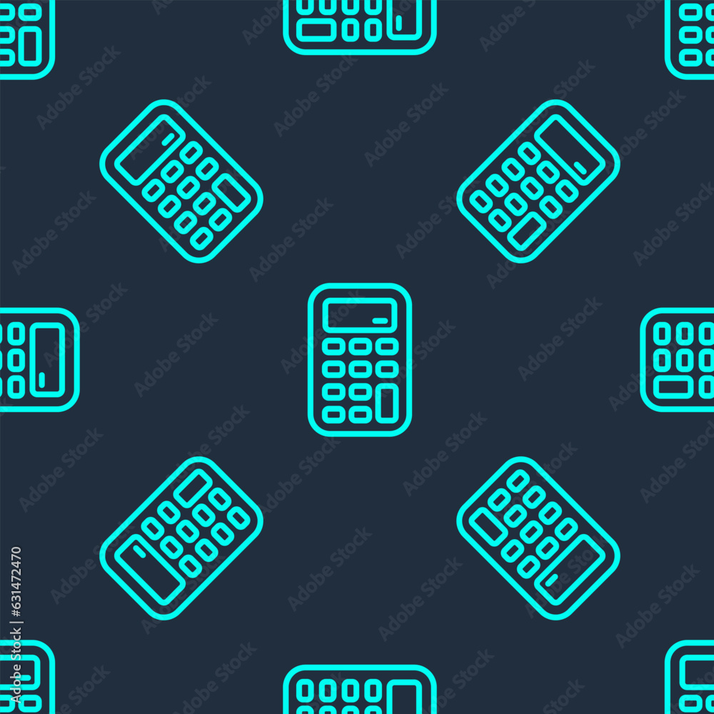 Green line Calculator icon isolated seamless pattern on blue background. Accounting symbol. Business calculations mathematics education and finance. Vector Green line Calculator icon isolated seamless pattern on blue background. Accounting symbol. Business calculations mathematics education and finance. Vector