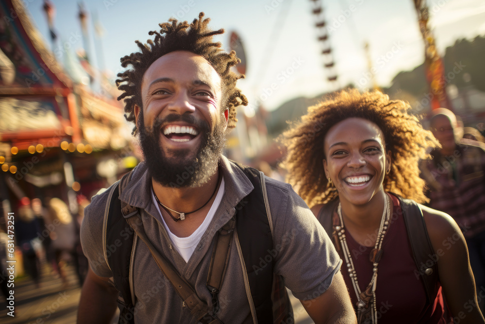 Beautiful black couple laughing and having fun in amusement park during festival. Beautiful black couple laughing and having fun in amusement park during festival.