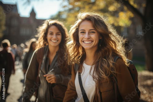 Two college students going back to school on sunny autumn day. Teenagers with backpacks on first day of school. Education for young people.