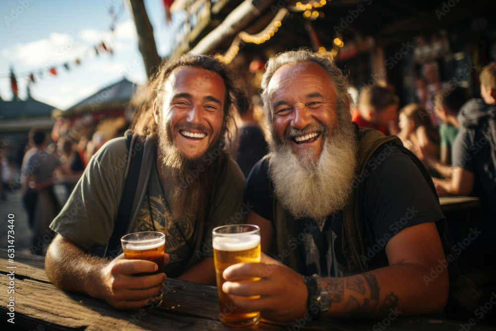Two cheerful male friends with glasses of fresh beer by a wooden table in traditional German bar on autumn day. Drinking alcoholic beverage outdoors. Oktoberfest celebration.