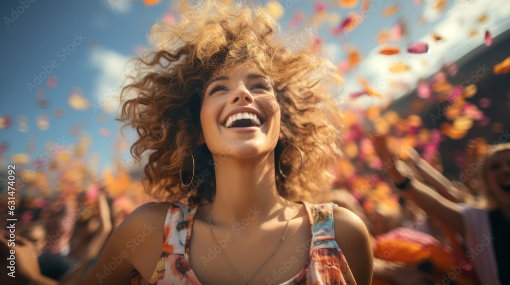 Foto de Beautiful young woman having fun at colourful music festival ...