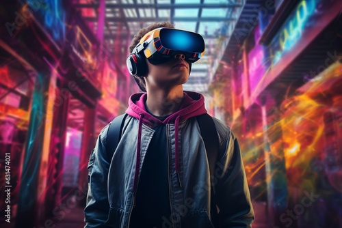 Teenage boy wearing VR glasses. Young gamer in colorful virtual reality. Concept photography of a person in metaverse