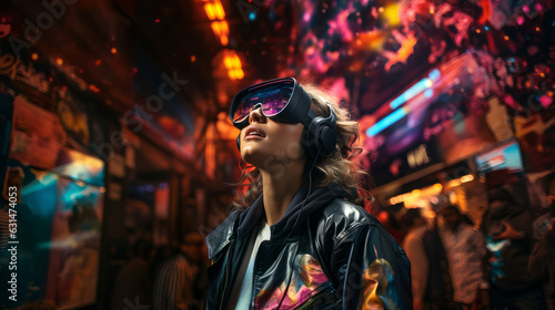Woman in futuristic clothes wearing modern VR goggles having virtual reality experience. Augmented reality game, future technology, AI concept. Neon purple light.