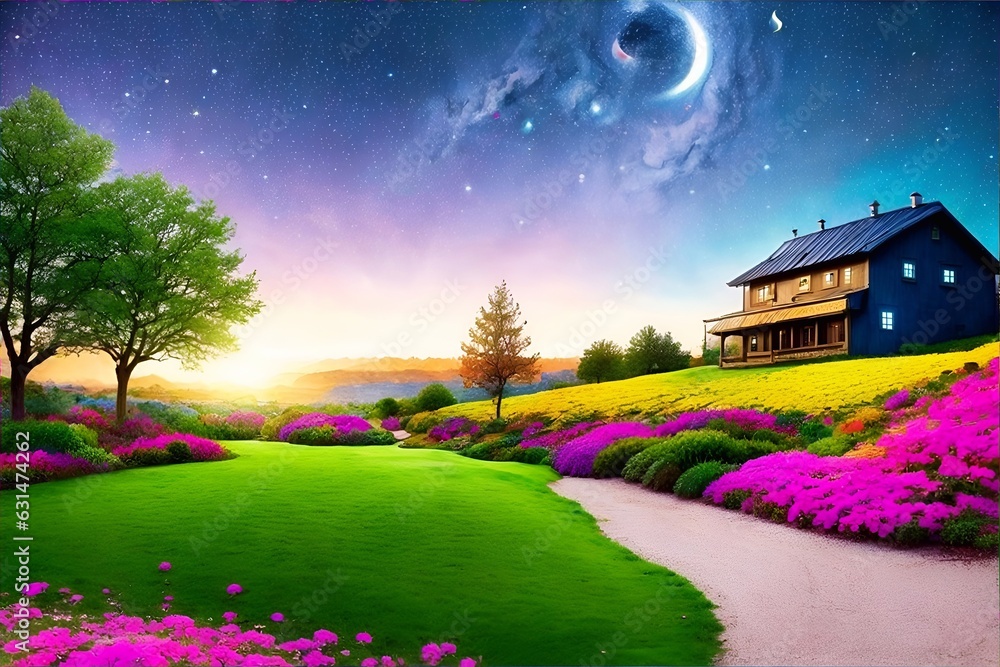 Fairy tale garden landscape. AI generated illustration