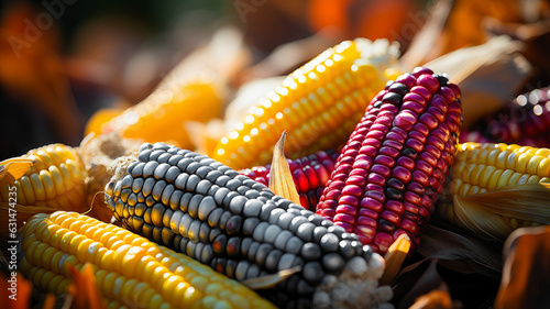 Colorful cobs of ornamental corn on sunny autumn day. Harvesting fall vegetables, celebrating Thanksgiving concept. photo