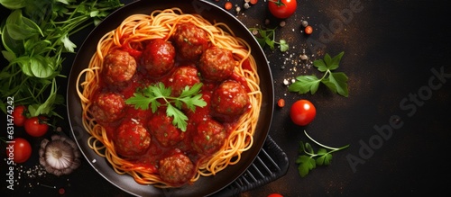 Spaghetti pasta with meatballs in tomato sauce, topped with parsley, displayed on a frying pan,