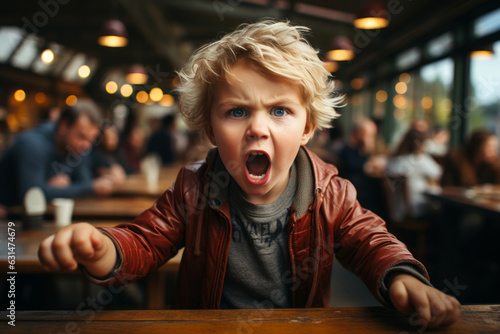 Toddler having a temper tantrum in a restaurant or cafe. Sad child screaming in anger in public. Kid misbehaving crying loudly. photo