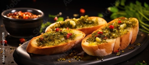 Bruschetta made with olive oil, olives, pesto, garlic, and Parmesan. Ciabatta bread drizzled