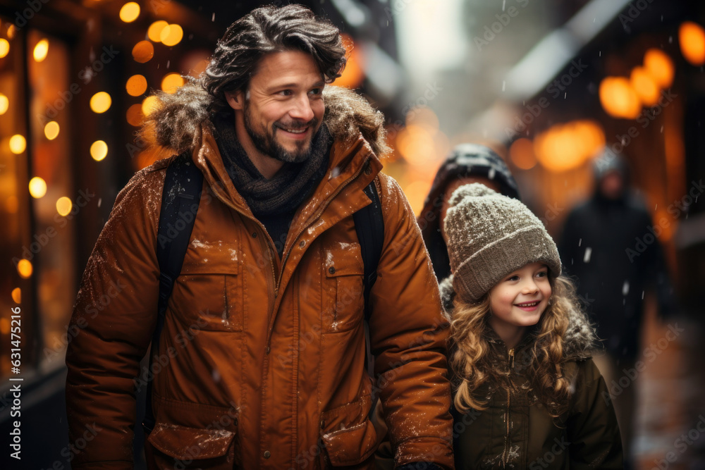 Father and child having wonderful time on traditional Christmas market on winter evening. Parent and kid enjoying themselves in Christmas town decorated with lights. Father and child having wonderful time on traditional Christmas market on winter evening. Parent and kid enjoying themselves in Christmas town decorated with lights.