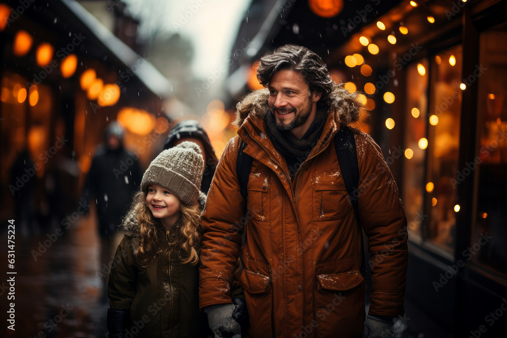 Father and child having wonderful time on traditional Christmas market on winter evening. Parent and kid enjoying themselves in Christmas town decorated with lights. Father and child having wonderful time on traditional Christmas market on winter evening. Parent and kid enjoying themselves in Christmas town decorated with lights.