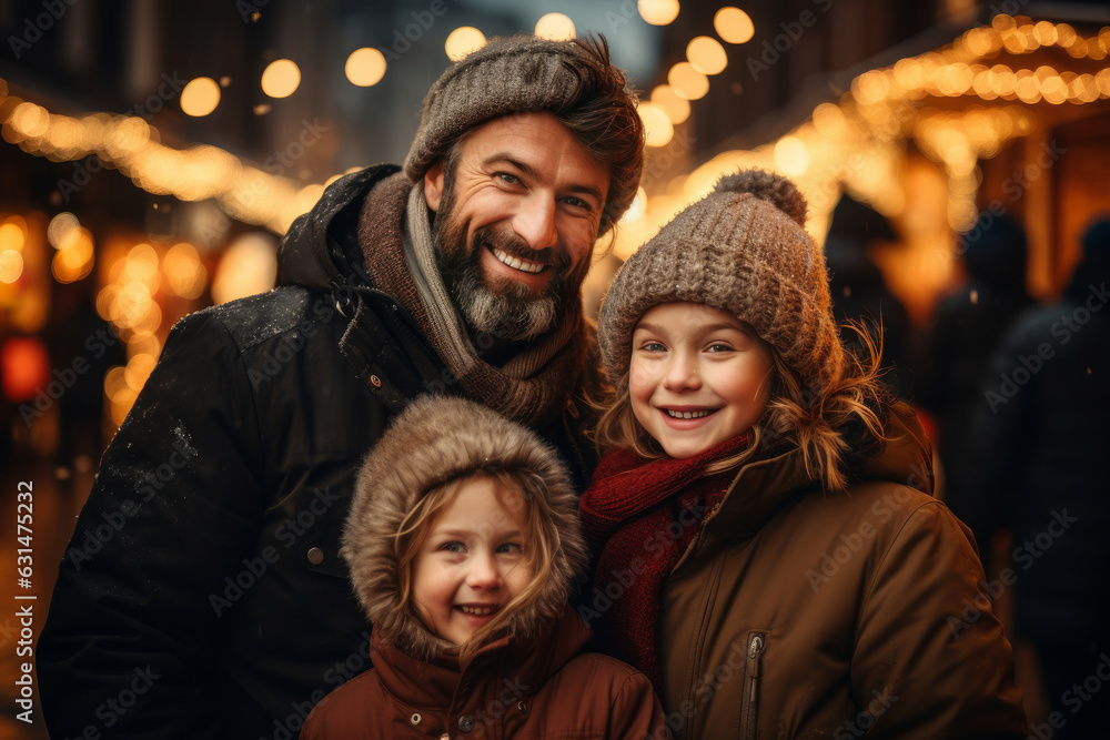 Father and two children having wonderful time on traditional Christmas market on winter evening. Parent and kids enjoying themselves in Christmas town decorated with lights. Father and two children having wonderful time on traditional Christmas market on winter evening. Parent and kids enjoying themselves in Christmas town decorated with lights.