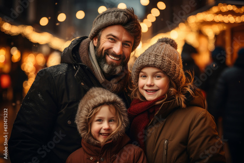 Father and two children having wonderful time on traditional Christmas market on winter evening. Parent and kids enjoying themselves in Christmas town decorated with lights.