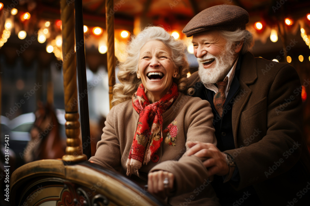 Beautiful sweet happy retired gray haired senior couple laughing and riding carousel carnival ride merry-go-round in amusement park during festival.