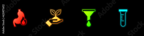 Set Stomach heartburn, Plant in hand, Funnel or filter and Test tube flask icon. Vector