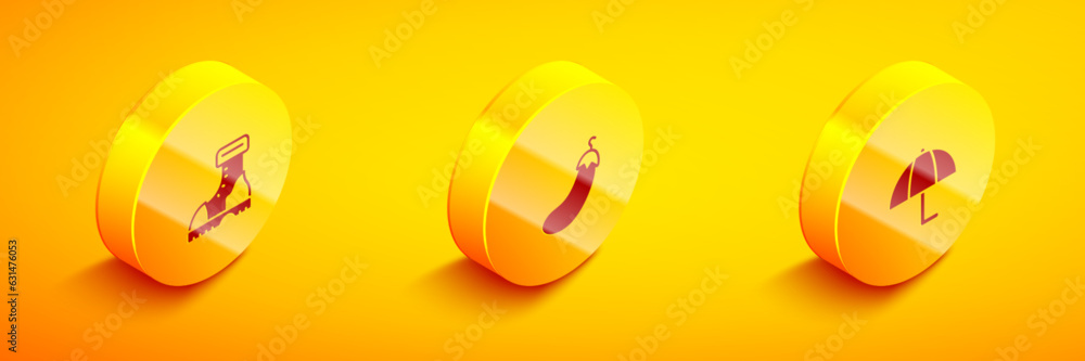 Set Isometric Waterproof rubber boot, Eggplant and Umbrella icon. Vector