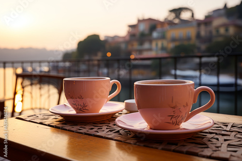 Two cups of coffee on a table of outdoor restaurant in small seaside town in Italy. Having breakfast coffee in Italian scenery on sunny summer morning.