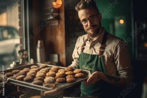 Handsome male baker holding a tray of freshly baked chocolate chip cookies. Coffee shop owner near showcase with cakes and desserts in his cafe.
