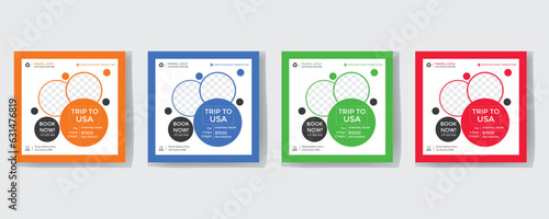 Set of travel sale social media post template. Web banner, flyer or poster for travelling agency business offer promotion. Holiday and tour advertisement banner design.
