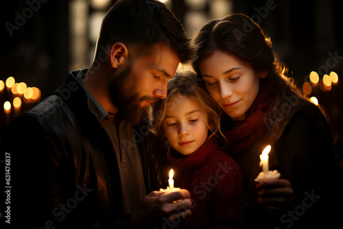 Beautiful Christian family with a child praying over candles in church. Mother, father and their little kid worship as a family. Believers in Christ.